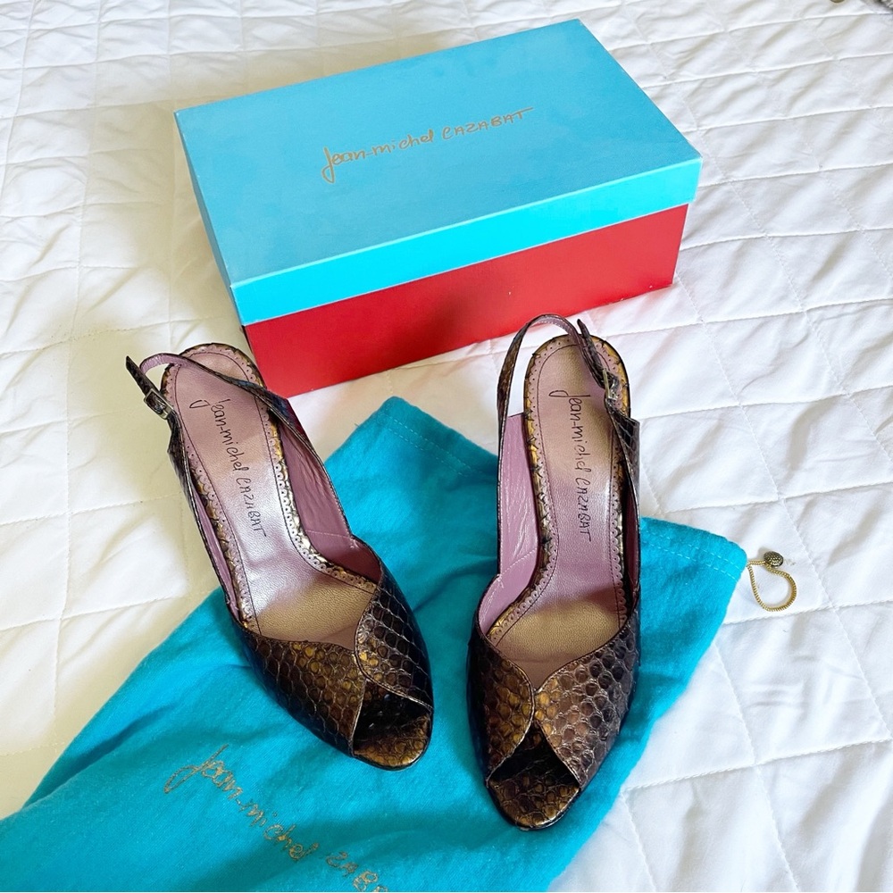 Jean-Michel Cazabat Corail Pitone Cosmo Brown Peep-Toe Slingback Heels